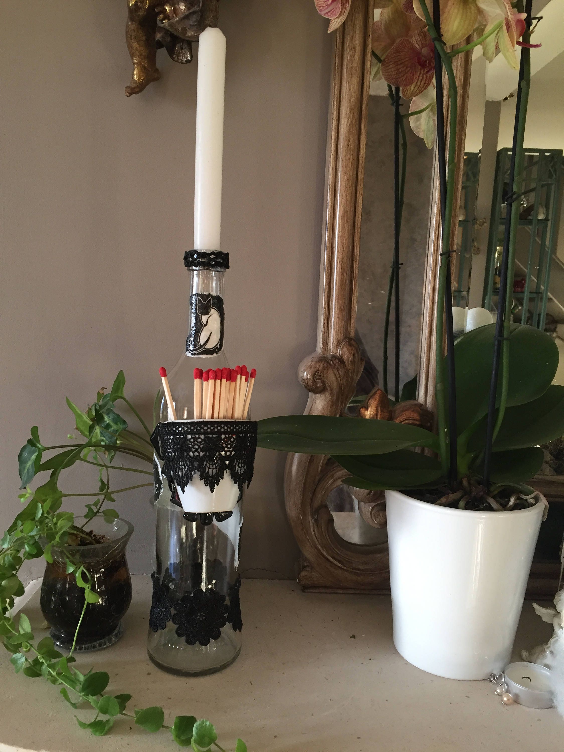 Bouteille-Chat Blanc & Noir-Porte Allumettes