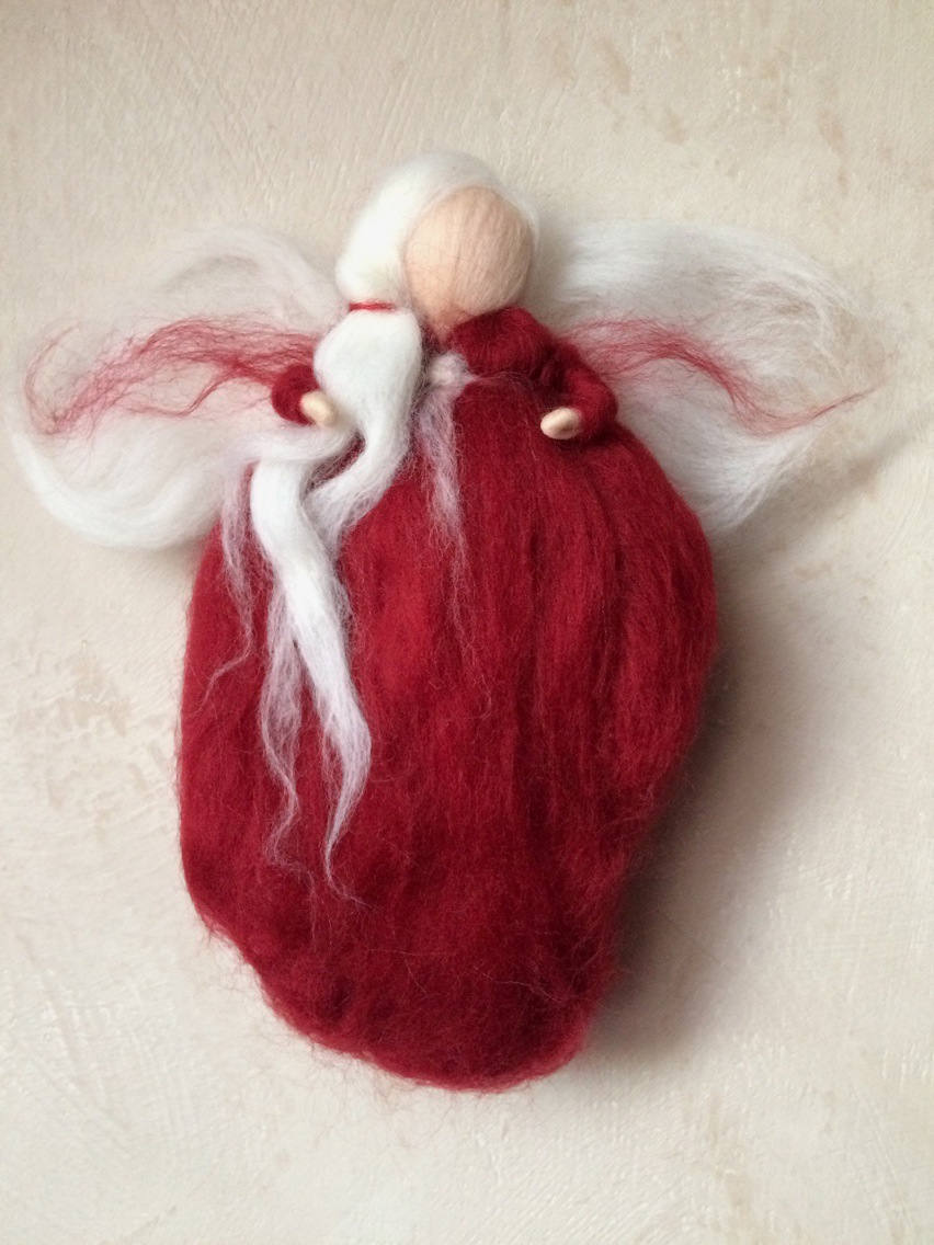 Fées Anges Gardiens en Laine Cardée Mérinos Tons Rouge et Blanc