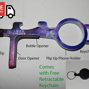 May include: A multi-tool keychain with a galaxy print. It features a bottle opener, door opener, stylus tip, and a flip-up phone holder. It comes with a retractable keychain.
