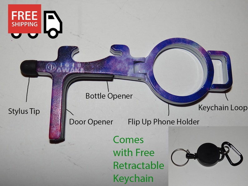May include: A multi-tool keychain with a galaxy print. It features a bottle opener, door opener, stylus tip, and a flip-up phone holder. It comes with a retractable keychain.