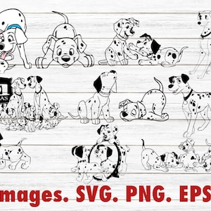 Könnte beinhalten: Schwarz-weiße Illustrationen von Dalmatinern in verschiedenen Posen, darunter eine Dalmatinerfamilie mit dem Text "101 Dalmatas" auf einem Banner. Die Illustrationen befinden sich auf einem weißen Holzmaserungshintergrund.