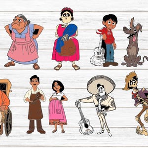 May include: A set of 10 colorful cartoon character illustrations featuring characters from the animated film Coco. The characters include Miguel, Hector, Dante, Mama Imelda, and more.