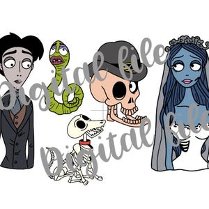 May include: A set of five cartoon illustrations featuring characters from the movie 'The Corpse Bride'. The characters include a man in a black suit, a woman in a white wedding dress, a green snake, a skull wearing a hat, and a skeleton dog.