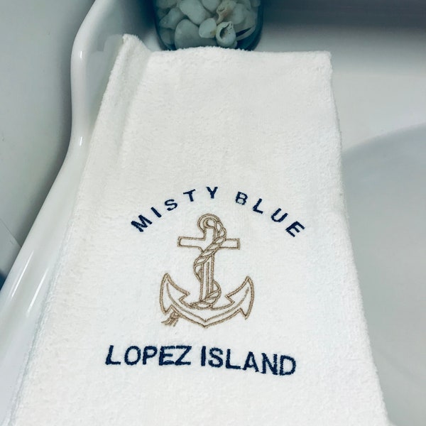 Custom Boat Name and Home Port Towels, Embroidered Hand and Bath Towel with Anchor, Nautical Towels, Custom Boat Towels, Custom Anchor Decor