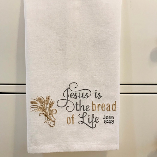 Bread of Life Kitchen Towel, Inspirational Towels for the Kitchen, Scripture Towel Embroidered, John 6:48 towel, Bread basket liner