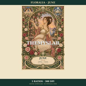 Può includere: Una stampa d'arte digitale intitolata FLORALIA JUNE raffigurante una donna in abito bianco circondata da rose rosa e rosse. Il bordo include il testo JUNE, Rosa spp., GEMINI, CANCER, LOVE, BEAUTY, DEVOTION e THEMYSLAB. Un'icona di granchio appare in alto.