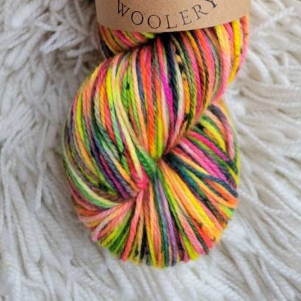 80/20 superwash merino and nylon fingering weight sock yarn in the colorway "80s kids"