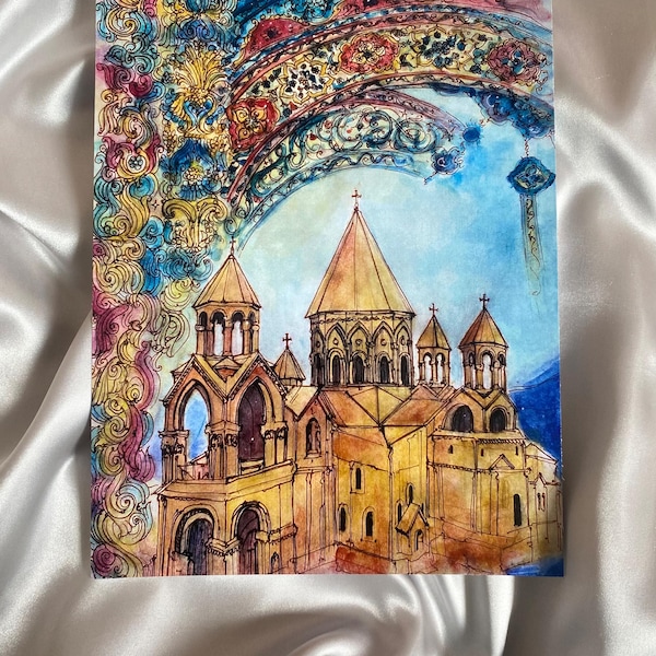 Impresión artística en acuarela de la Catedral Armenia de Etchmiadzin