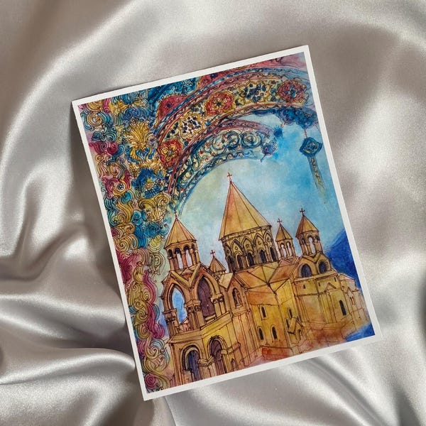 Impresión de postal en acuarela de la Catedral Armenia de Etchmiadzin