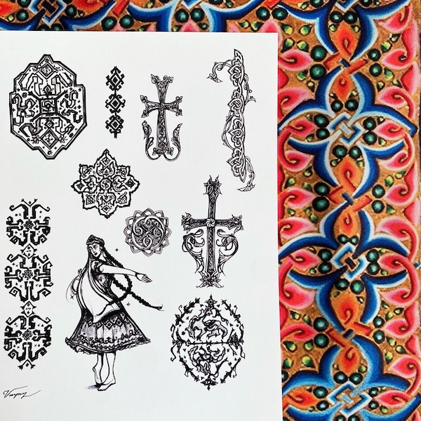 Postal con tatuaje tradicional armenio de Artsaj