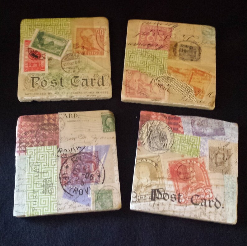 Vintage Postal Stamp Collage Decoupage Coasters Etsy - image 0