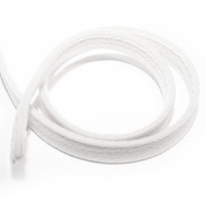 May include: A coiled white shoelace against a white background. The shoelace is made of a soft, woven material. The shoelace is a solid, bright white color. The shoelace is a standard round shape.