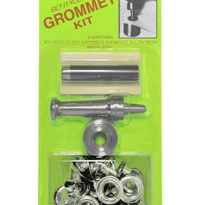 May include: A green and white packaging for a grommet kit. The kit includes a tool for setting grommets, a punch, and a variety of grommets. The packaging has the text "Set-It-Yourself Grommet Kit" and "Everything you need to set grommets in canvas, nylon, mesh and plastic".