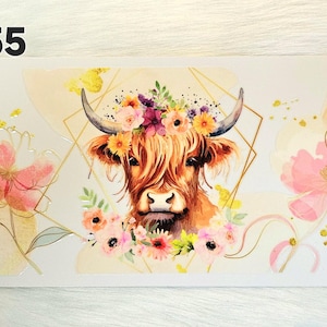16oz UV DTF Cup Wrap #255 Highland Cow with Flowers for Snow Globe Cups and Tumblers