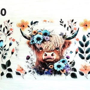 16oz UV DTF Cup Wrap #240 Cute Highland Cow with Flowers for Snow Globe Cups and Tumblers