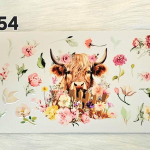16oz UV DTF Cup Wrap #254 Highland Cow with Flowers and Fence for Snow Globe Cups and Tumblers