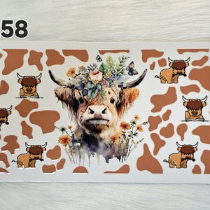 16oz UV DTF Cup Wrap #258 Highland Cow with Cow Print for Snow Globe Cups and Tumblers