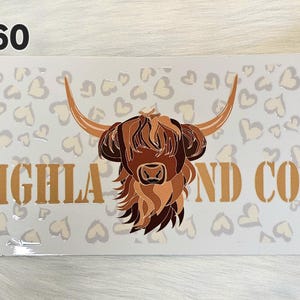 16oz UV DTF Cup Wrap #260 Highland Cow with Heart Shape Leopard Print for Snow Globe Cups and Tumblers