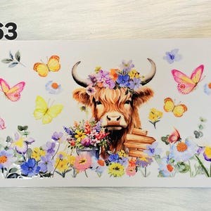 16oz UV DTF Cup Wrap #263 Highland Cow with Flowers and Butterflies for Snow Globe Cups and Tumblers