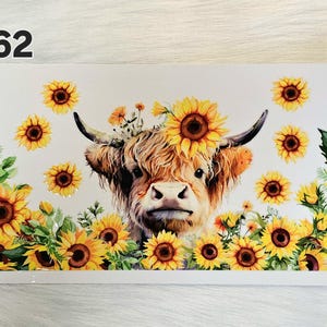 16oz UV DTF Cup Wrap #262 Highland Cow with Sunflowers for Snow Globe Cups and Tumblers