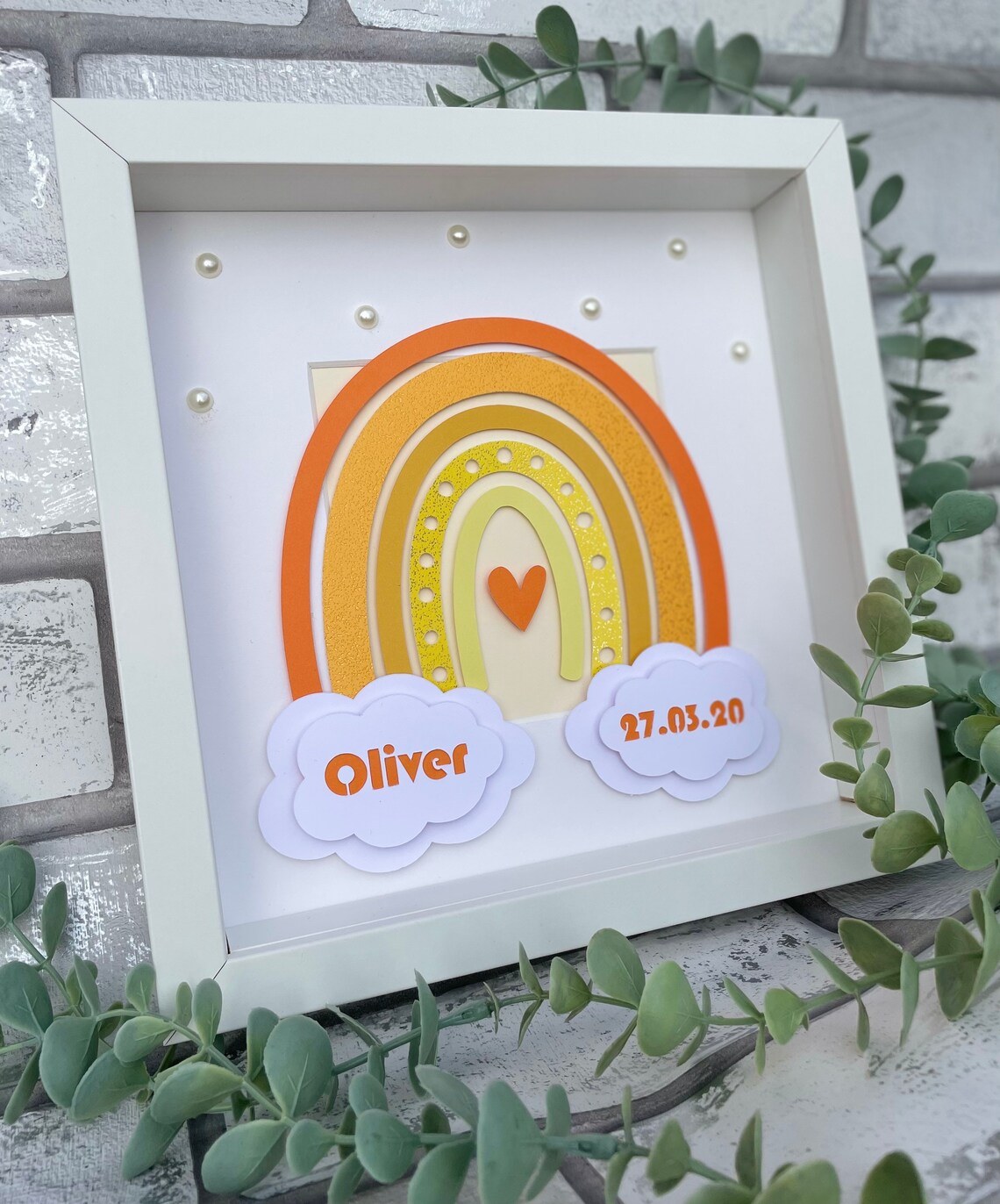 Personalised New Baby Frame 3D Rainbow in Neutral Yellow & Orange