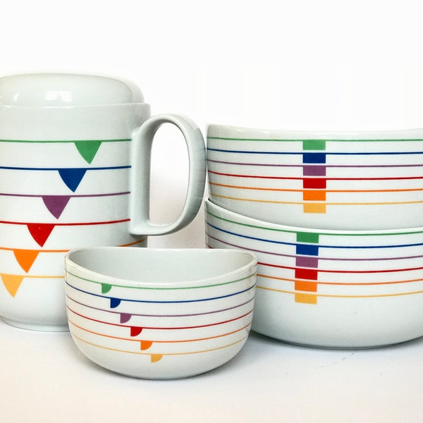 1980s Geometric Rainbow Coffee Pot / Serving Bowls / Candy Dish by Harmony Block - Made in Portugal by Vista Alegre