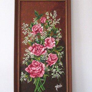 Beautiful oil painting on masonite  7 roses signed GLADU/jolie peinture sur masonite signé Gladu 7 roses 11"1/4 X 20"3/4  framed