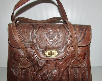 Vintage superbe real  dark brown tooled leather hand  bag /joli sac à main  en véritable cuir ouvragé  brun foncé 11"1/2x13"