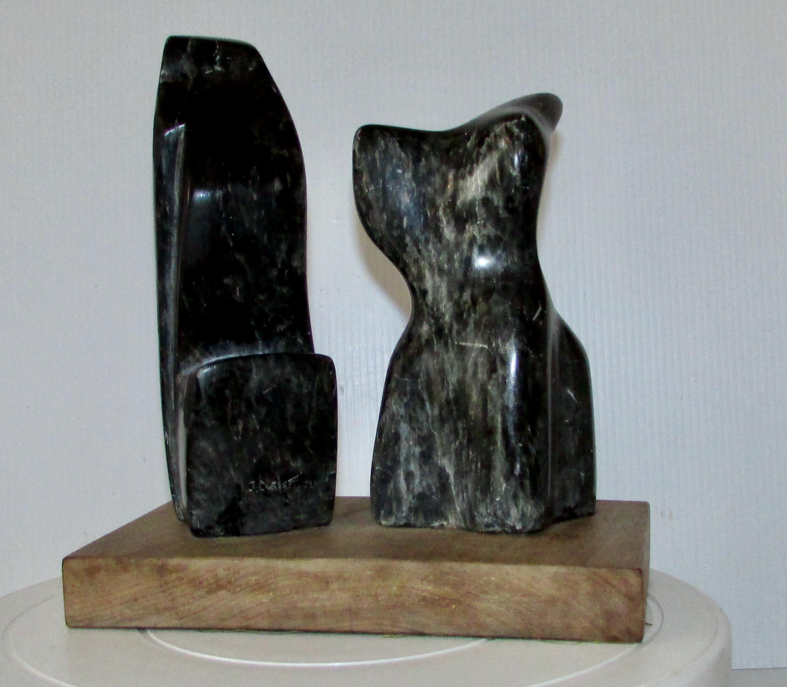 Superb Signed Abstract Couple Soap Stone Carving Signed on Wood