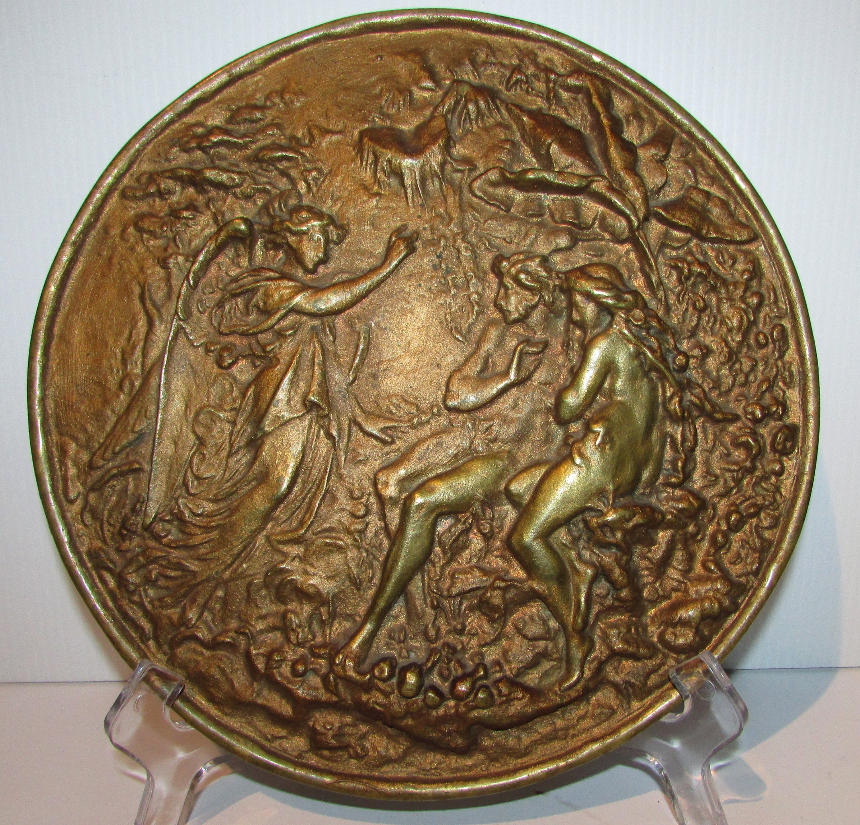 Superb Antique Bronze Wall Hanging Plaque ADAM and EVE in Paradise ...