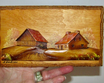 Beautiful  3D wall hanging wood carving sculpture    "old house and a barn"  Canada  Quebec artist  H.  Nadeau