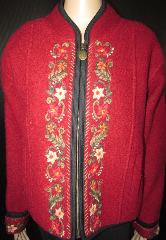 Superb ICELANDIC wool red cardigan with floral pa… - image 3