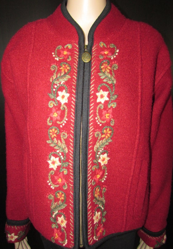 Superb ICELANDIC wool red cardigan with floral mo… - image 3