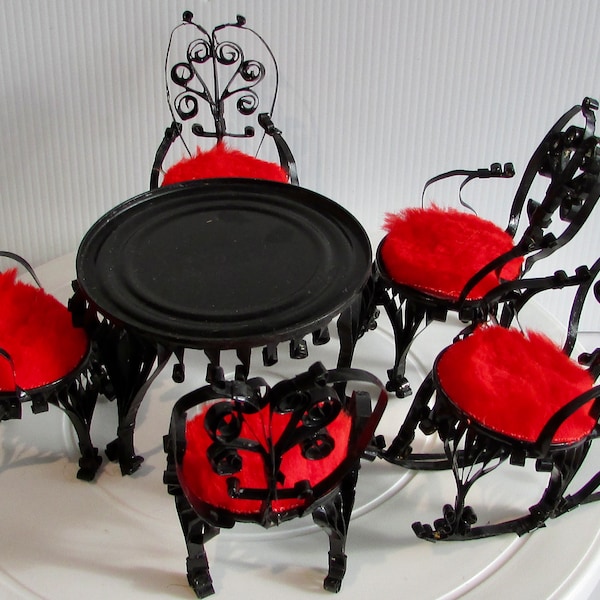 Beautiful black tin metalware dinner set with rocker chair toy / pretty set of table and chairs (4) plus a black metal rocker