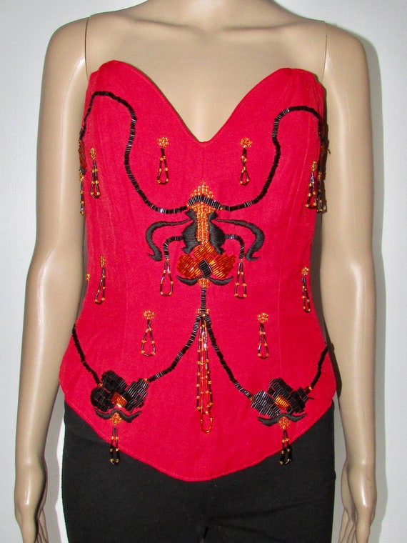 Vtg rétro red flame bustier or top with black/gol… - image 1