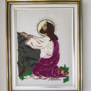 Superbe needlework brodery JESUS praying his father /joli tavail à l'aiguille JÉSUS prie son père au jardin des Oliviers 15" x 19"