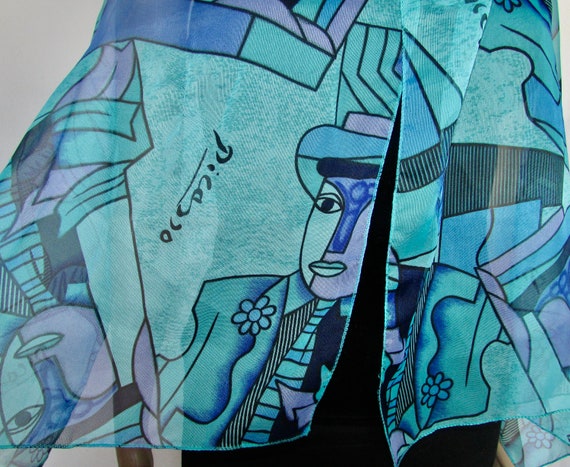 Superb abstract silk blue rectangular PICASSO sca… - image 1