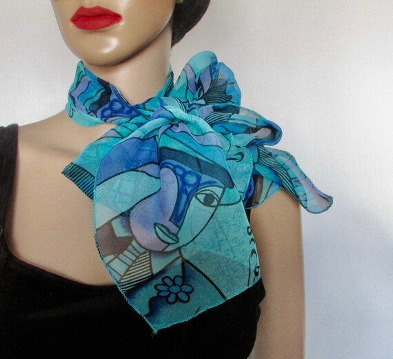 Superb abstract silk blue rectangular PICASSO sca… - image 3