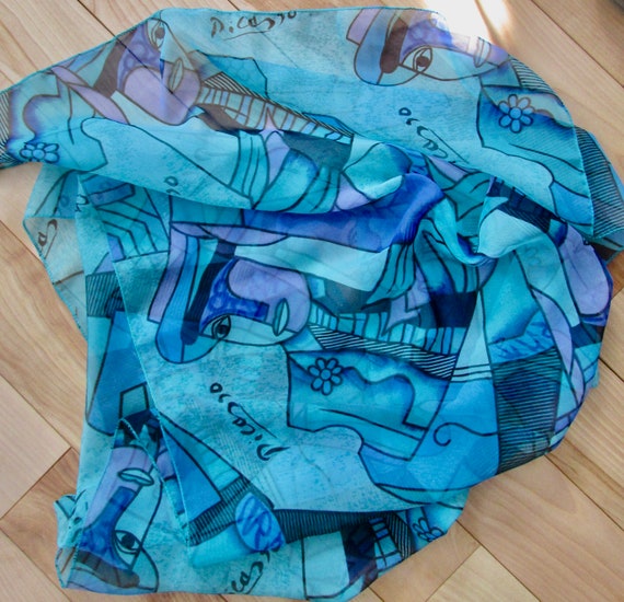 Superb abstract silk blue rectangular PICASSO sca… - image 5