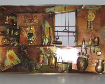 vtg rare 3D metal ware copper wall hanging sculpture "GENERAL STORE"/rare 3d copper wall sculpture "general store" 13" X 20"