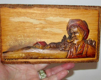 Beautiful  3D wall hanging wood carving sculpture    "man with a hat and a pipe"  Canada  Quebec artist  H.  Nadeau