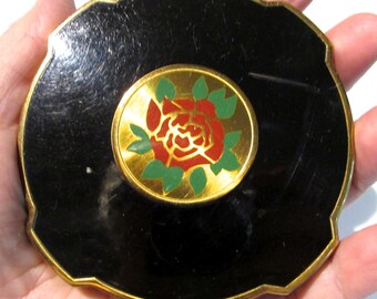 Nice collectable VAN-ACE FIFT ave round gold plated powder compact /black enamel / joli poudrier plaqué or /émail noir 3" approx.