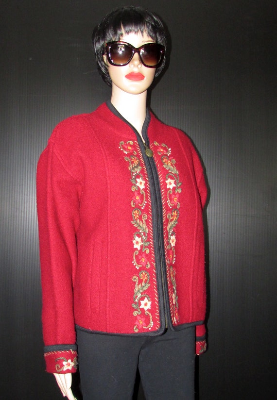 Superb ICELANDIC wool red cardigan with floral mo… - image 1