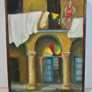 Vtg  signed oil painting on cotton material &quot;on the balcony&quot; /tableau huile sur tissus cotton &quot;sur le balcon  signé  9&quot; X 12&quot;approx.