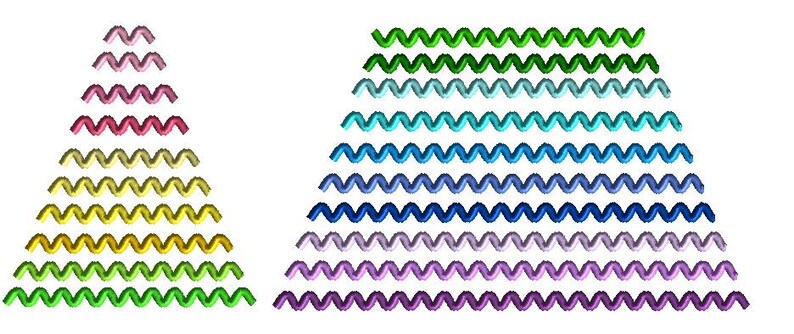 May include: Two colorful zig-zag patterns, one in a triangle shape and the other in a rectangle shape. The triangle pattern is made up of pink, red, yellow, and green zig-zags. The rectangle pattern is made up of green, blue, purple, and pink zig-zags.
