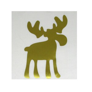 May include: A gold-colored moose silhouette sticker. The moose is standing with its legs spread apart and its head tilted to the side.