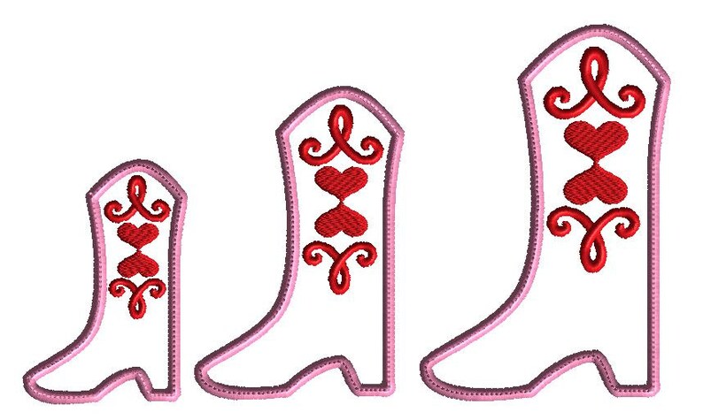 May include: Three pink cowboy boots with red hearts and swirls on the front. The boots are different sizes, with the smallest boot on the left and the largest boot on the right.