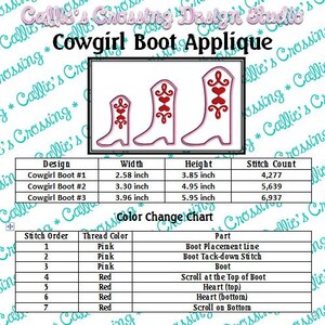 May include: A color change chart for a cowgirl boot applique embroidery design. The chart shows the stitch order, thread color, and part of the boot each stitch represents. The design comes in three sizes: 2.58 inches wide by 3.85 inches high, 3.30 inches wide by 4.95 inches high, and 3.96 inches wide by 5.95 inches high.