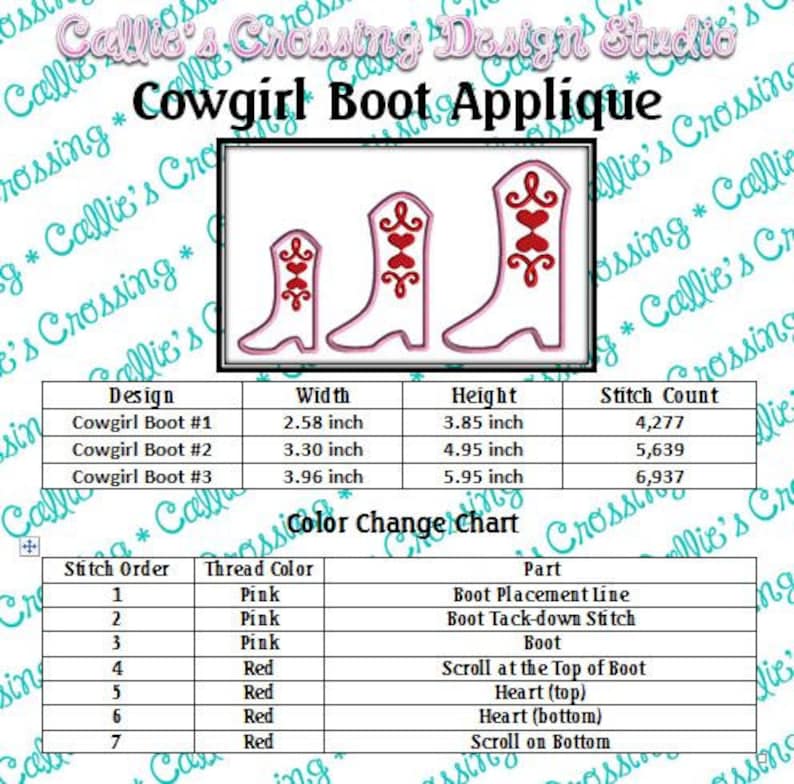 May include: A color change chart for a cowgirl boot applique embroidery design. The chart shows the stitch order, thread color, and part of the boot each stitch represents. The design comes in three sizes: 2.58 inches wide by 3.85 inches high, 3.30 inches wide by 4.95 inches high, and 3.96 inches wide by 5.95 inches high.