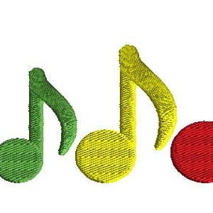 以下が含まれることがあります： 青い、緑の、黄色の、赤い、4つの異なる色の音楽記号が並んでいます